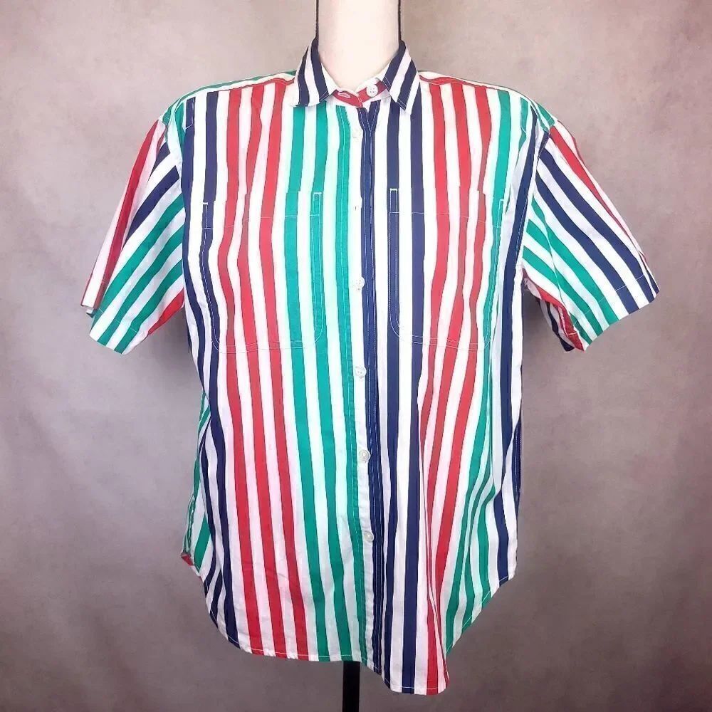 Vintage Liz Claiborne Blue Red Green Striped Short Sleeve Buttondown Shirt Small
